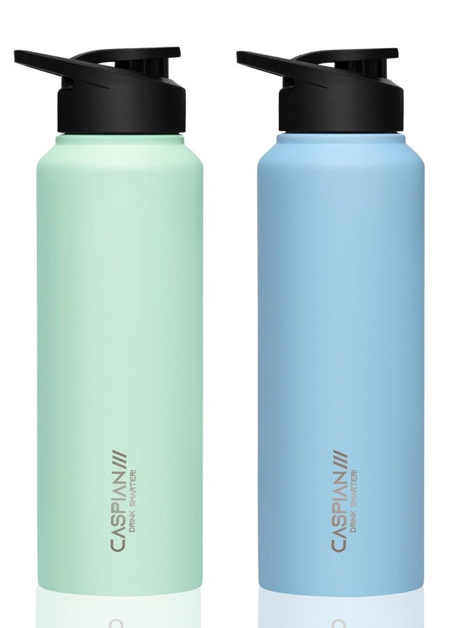 CASPIAN /// Hike Stainless Steel Sipper Water Bottle (Mist Green & Sky Blue, 1 Litre, Set of 2)| Leak Proof Thunder for Fridge Home Office Travel School Kids Boys Girls Adults Sports Gym Yoga - Image 1
